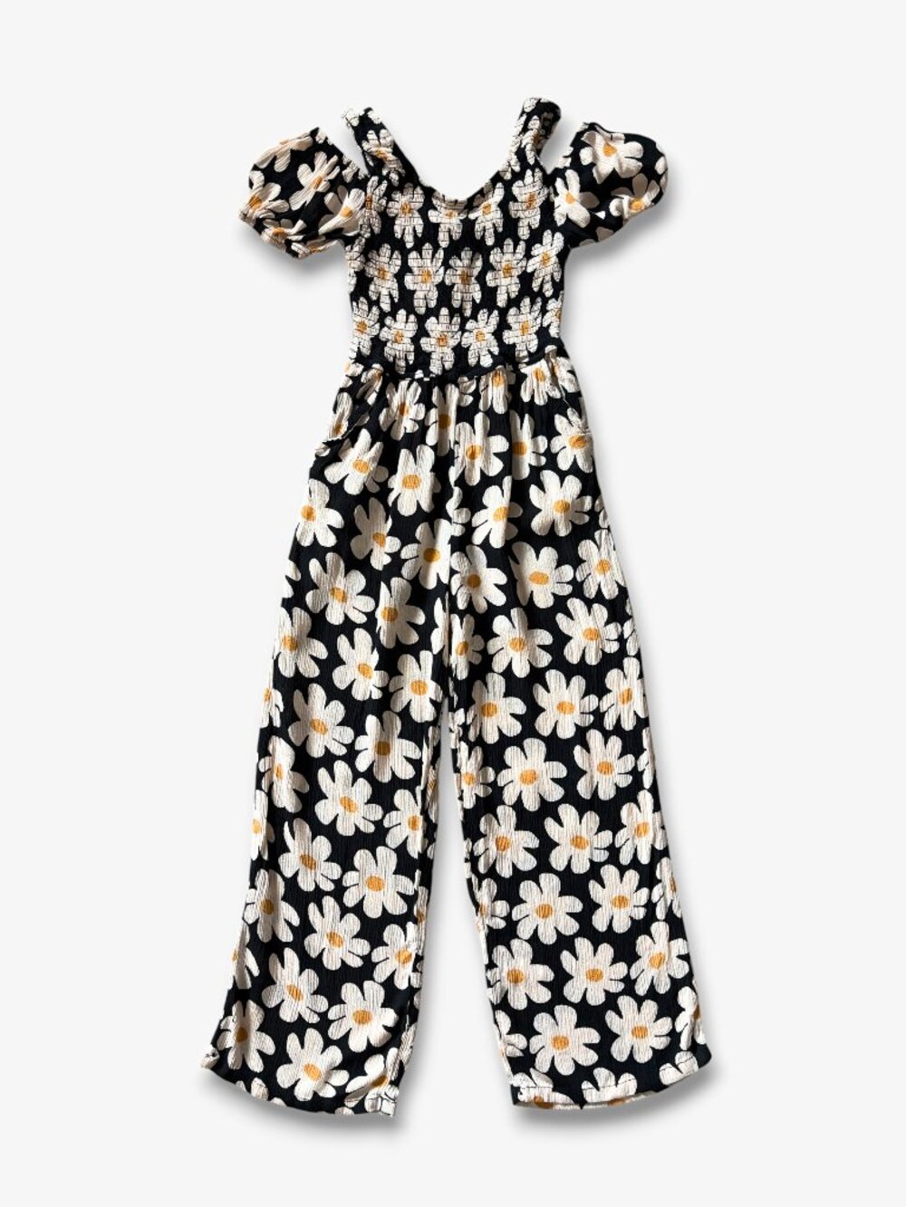 Jessica Simpson Daisy Print Smocked Wide Leg Jumpsuit Girls Extra Large Boho 90s